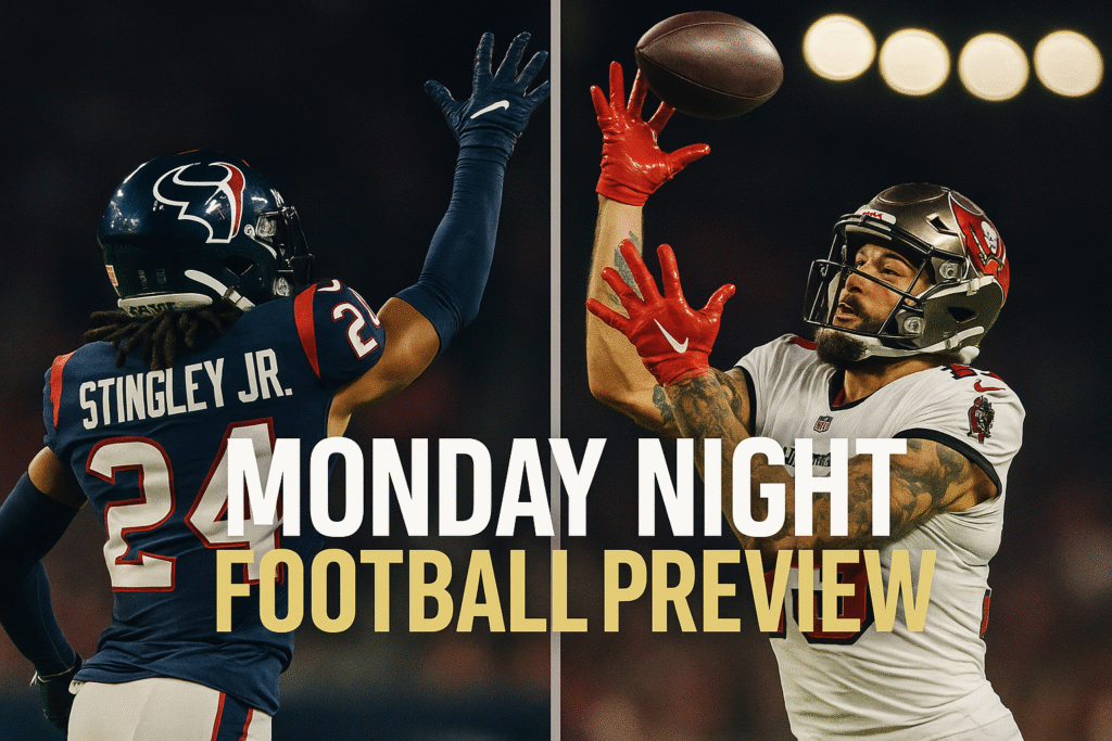 “Houston Texans’ Will Anderson Jr. roaring after a sack, Buccaneers QB looking pressured, glowing Monday Night Football logo above, bold red and blue text overlay: ‘Bucs vs Texans Prediction’”