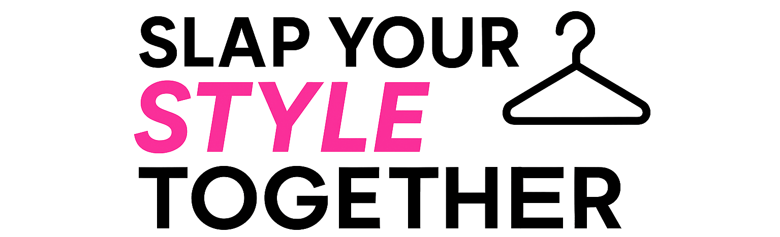 Modern logo with the text 'Slap Your Style Together' in bold letters, featuring a hanger icon, a high-heeled shoe silhouette, and an orange brushstroke accent